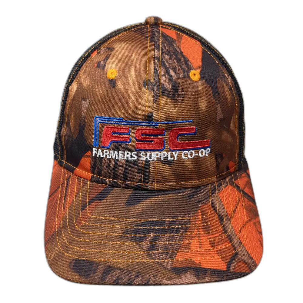 Cap America FSC Farmers Supply Co-Op Camo Trucker Hat Brown Orange One Size Mesh